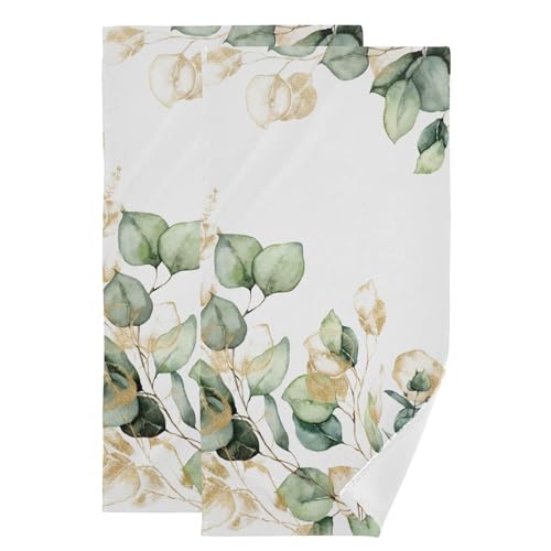 Green Gold Leaves Hand Towels for Bathroom 2 Pack,Microfiber Soft Absorbent Watercolor Eucalyptus Leaf Plant Botanical Kitchen Towels,Decorative Bathroom Towels for Face,Hair,Bath 14"x28" - color: Green Leave