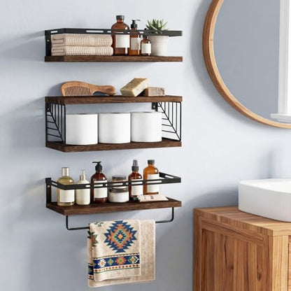Fixwal Wall Mounted Bathroom Shelves Over Toilet (3+1 Dark Brown) | Wall Shelf with Basket Storage , Towel Bar, Solid Wood, 22Lb Capacity, Easy DIY Install - color: 6-dark Brown