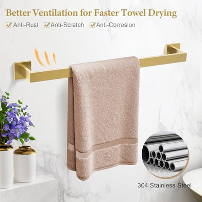TURS Bathroom Hardware Set Brushed Gold 4-Piece Towel Bar Set Include 24 Inch Towel Bar Towel Ring Towel Hook Toilet Paper Holder with Shelf Wall Mounted. - color: Brushed Gold, size: Set C