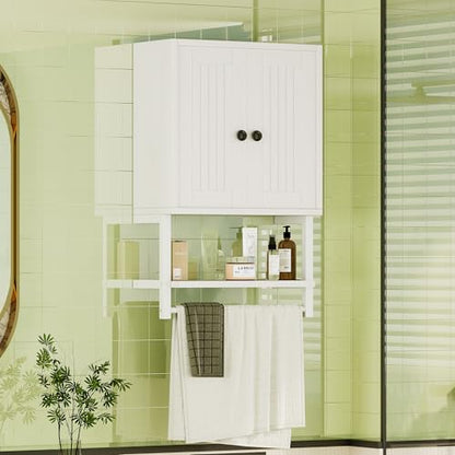 Homeiju Small Farmhouse Style Rustic Medicine Cabinet with Two Barn Doors, Wooden Wall Mounted Storage Cabinet with Shelf and Towel Bar for Bathroom, Living Room, Kitchen, White - size: 25.2'' H