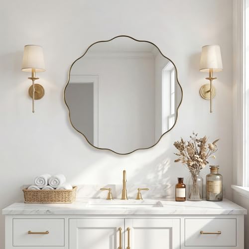 ANDY STAR Brushed Gold Round Wall Mirror 24 Inch, Brass Round Bathroom Mirrors for Over Sink, Anti-Rust Brass Circle Frame for Bathroom, Entryway - color: Brushed Gold, size: 24"L x 24"W