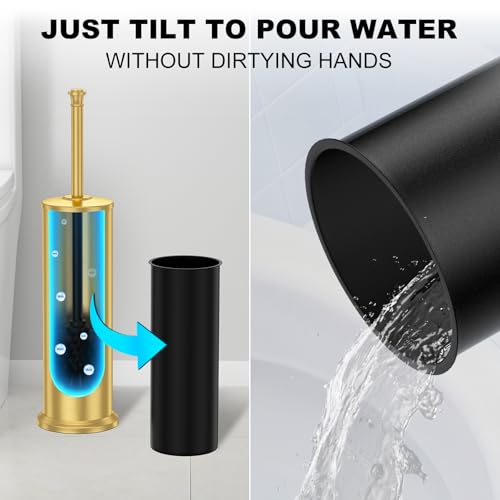 Brass Toilet Brush and Holder，Long Handled Gold Toilet Brush for Bathroom，Stainless Steel Heavy Duty Toilet Bowl Brush,Removable Inner Bowl,Deep Cleaning Dense Bristles Cleaner Brush -Space Saving - color: Brushed Brass