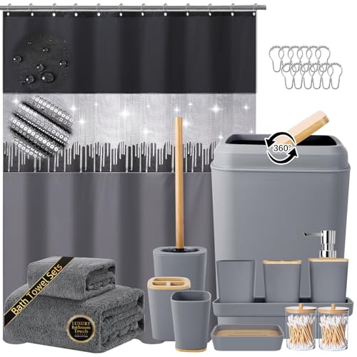 Bathroom Accessory Set – Bathroom Set with Glitter Shower Curtain, Towel Set,24 Piece Grey Shower Curtain, Bathroom Accessories Set with Shower Curtain Set for Home Decor - size: Bath Set+Shower Curtain, style: Grey