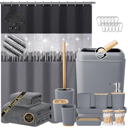 Bathroom Accessory Set – Bathroom Set with Glitter Shower Curtain, Towel Set,24 Piece Grey Shower Curtain, Bathroom Accessories Set with Shower Curtain Set for Home Decor - size: Bath Set+Shower Curtain, style: Grey