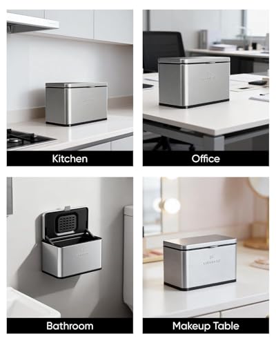 Kitchen Mini Compost Bin, 4L/1G Small Trash Can with Lid, Slim Stainless Steel Hanging Garbage Bin for Kitchen, Bathroom, Bedroom, Office, Wall Mounted Compost Bin with Inner Bucket, Silver - size: 4L-Silver