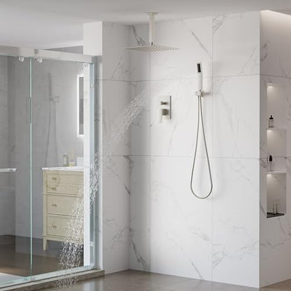 WELLFOR 12-In Ceiling Mount Shower System with Single Handle, Pressure-balanced Valve Included, Waterfall Dual Head Shower Head System, Rain Shower System, Shower Faucet Trim Kits, Brushed Nickel - color: Brushed Nickel, style: Ceiling Mount 12-Inch