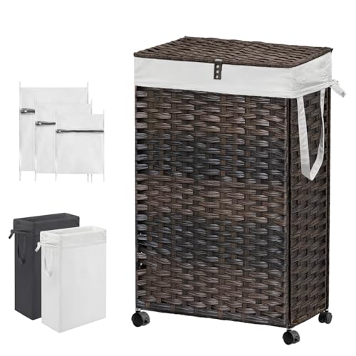 88L Slim Laundry Hamper with Wheels, 23.3 Gallon Rolling Laundry Basket with Lid, Tall and Narrow Laundry Hamper with 2 Removable Liner & 3 Mesh Bags, Laundry Sorter for Bathroom, Brown