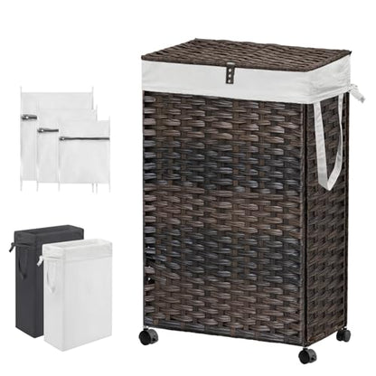 88L Slim Laundry Hamper with Wheels, 23.3 Gallon Rolling Laundry Basket with Lid, Tall and Narrow Laundry Hamper with 2 Removable Liner & 3 Mesh Bags, Laundry Sorter for Bathroom, Brown