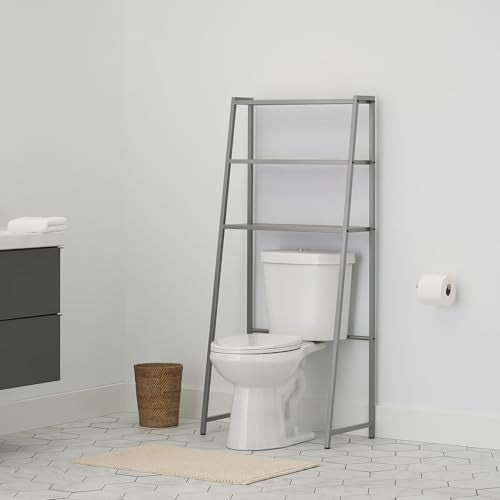 TRINITY 3-Tier Metal Over The Toilet Storage Shelving Rack, Freestanding Bathroom Organizer with Wood Grain Shelves, 27in x 15in x 60in, Champagne - color: Champagne