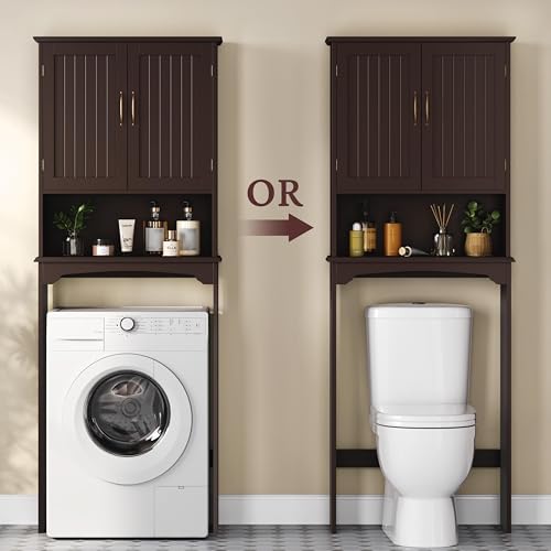 Topeakmart Over The Toilet Storage Cabinet, Bathroom Organizer, Espresso | Bathroom Shelf Over Toilet with Adjustable Shelf & Double Doors, Home Space-saving Furniture, L24.5xW9xH66 Inches - color: Espresso