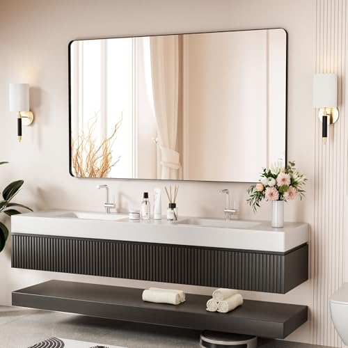 Black Bathroom Mirror 60X36 Inch Bathroom Vanity Mirror for Wall, Metal Frame Large Mirror, Tempered Glass, Modern Wall Mirror for Bathroom, Farmhouse, Horizontally or Vertically Hanging - color: Black, size: 60"L x 36"W