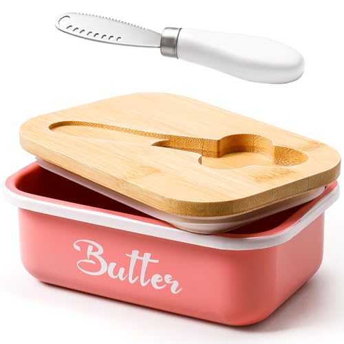 Butter Dish, Butter Dish with Lid for Countertop,Metal Butter Keeper with Stainless Steel Multipurpose Butter Knife, Large Butter Container with quality Silicone Good Kitchen Gift,Pink - color: Pink