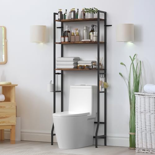 Over the Toilet Storage Shelf Bathroom Above Toilet Storage Metal Over the Toilet Storage Rack 3-Tier Freestanding 63.5in(H) Above Toilet Stand with Hooks, Over Toilet Bathroom Organizer Shelf, Brown - color: Brown