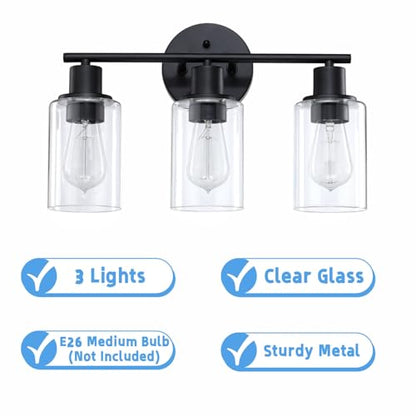 WISBEAM 3-Light Vanity Light Over Mirror, Black Bathroom Wall Light Fixtures with Clear Glass Shade Including E26 Medium Base, Bulb NOT Included - color: Black, size: VNT004