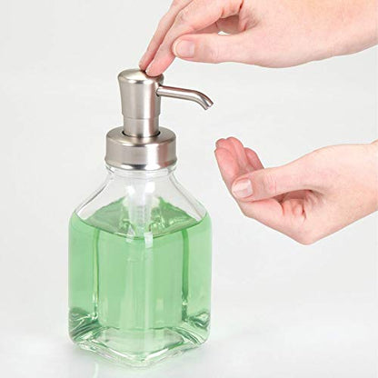 mDesign Square Glass Refillable Liquid Soap Dispenser Pump Bottle for Bathroom Vanity Countertop, Kitchen Sink - Holds Hand Soap, Dish Soap, Hand Sanitizer, Essential Oils - 2 Pack - Clear/Brushed - color: Clear/Brushed