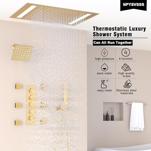 Thermostatic Shower System with 14x20 Inch Ceiling Mount LED Head & 6 Inch Wall Head and Handheld Shower 4 Function Vale with body jets Can All Run Together,Brushed Gold - color: Brushed Gold, style: 14x20 led+6 jets