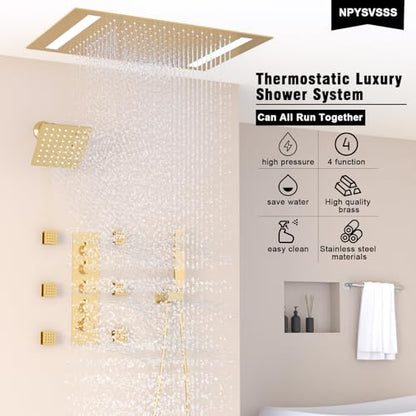 Thermostatic Shower System with 14x20 Inch Ceiling Mount LED Head & 6 Inch Wall Head and Handheld Shower 4 Function Vale with body jets Can All Run Together,Brushed Gold - color: Brushed Gold, style: 14x20 led+6 jets