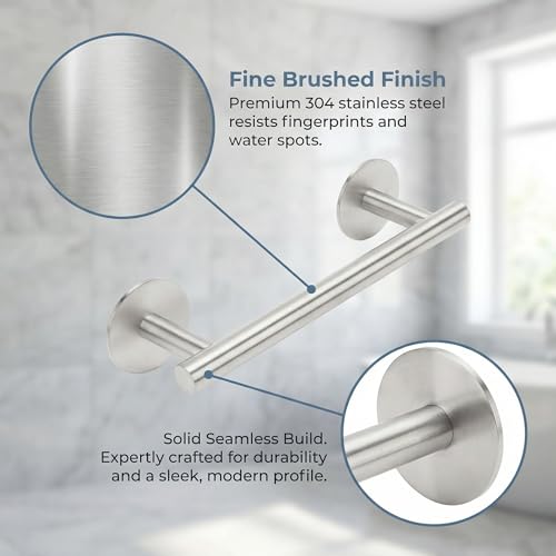 9" Self Adhesive Brushed Nickel Towel Holder, No Drill Small Bathroom Organizer, 304SS - color: Brushed Nickel, size: 9 Inch