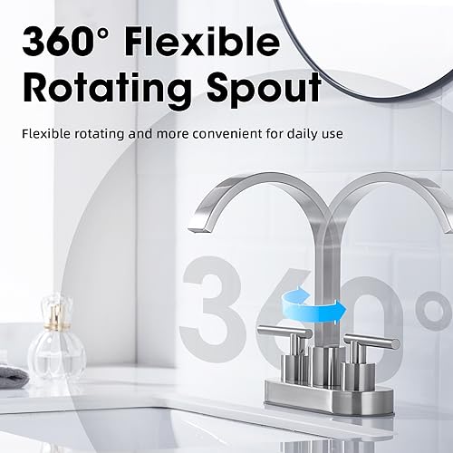 TRUSTMI Bathroom Faucet 3 Hole 4 Inch Centerset Sink Faucet with Overflow Pop Up Drain Assembly, 360 Degree Swivel Spout, Non-Rust Stainless Steel, Brushed Nickel - color: Brushed Nickel