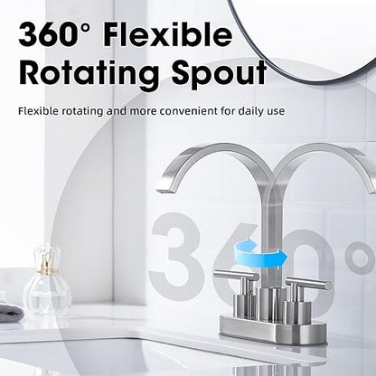 TRUSTMI Bathroom Faucet 3 Hole 4 Inch Centerset Sink Faucet with Overflow Pop Up Drain Assembly, 360 Degree Swivel Spout, Non-Rust Stainless Steel, Brushed Nickel - color: Brushed Nickel