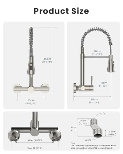Wall Mount Kitchen Faucet Single Handles, 8 Inch Center Wall Commercial Utility Sink Faucet with Pull Out Sprayer 3 Modes, Stainless Steel, Brushed Nickel - color: Single Handle-Nickel, style: Wall Mount