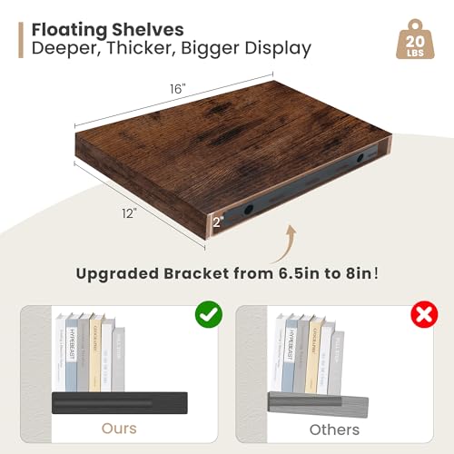 Heimlove 12 Inch Deep Floating Shelves, 16 x 12 inches Wall Shelves Set of 2, 2 Inch Thick Invisible Wall Mounted Shelves for Bathroom Bedroom Nursery,Rustic Brown - color: Rustic Brown, size: 16"W x 12"D x 2"H, Set of 2