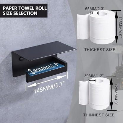 LANC Black Toilet Paper Holder with Shelf, Toilet Paper Roll Holder with Phone Shelf for Bathroom Kitchen Wall Mounted, 304 Stainless Steel TP Holder,Matte Black Left, A8367MB-LF - color: Matte Black, size: Left