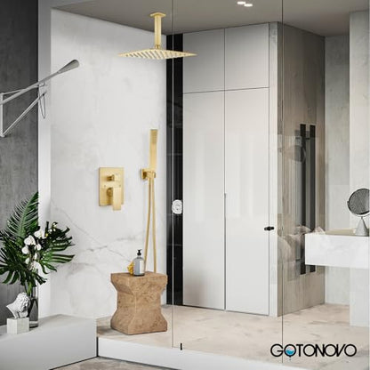 gotonovo Ceiling Shower System with Handheld Brushed Gold,12 inch Head | Ceiling Mount Bathroom Shower Faucet Set,SUS304 Rainfall Head and Handle Set Combo,Brass Valve Trim Kit,All Metal - color: Gold, size: 12 inch Head