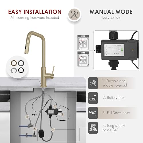 Stylish Touchless Kitchen Faucet with Pull Down Sprayer Single Lever Handle Dual Function Stainless Steel Kitchen Sink Faucet with Ceramic Cartridge and Aerator Brushed Gold Finish, K-150GM - color: Brushed Gold