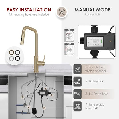 Stylish Touchless Kitchen Faucet with Pull Down Sprayer Single Lever Handle Dual Function Stainless Steel Kitchen Sink Faucet with Ceramic Cartridge and Aerator Brushed Gold Finish, K-150GM - color: Brushed Gold