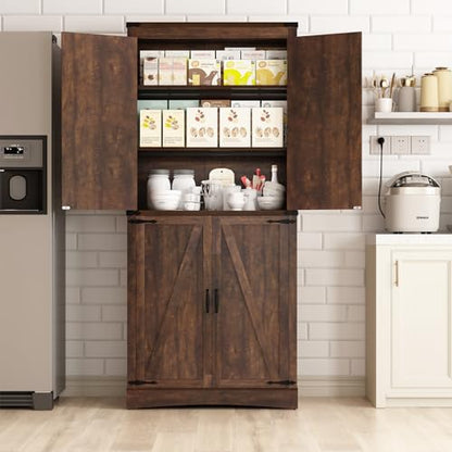 Hlivelood 71" Tall Kitchen Pantry,Farmhouse Storage Cabinet with Adjustable Shelves,Load-Bearing Steel Pipe,Farmhouse Pantry Cabinet with 4 Barn Doors, for Kitchen,Dining Room,Living Room(Brown) - color: Brown