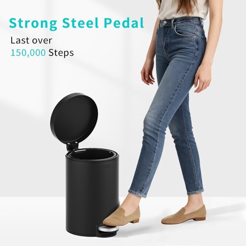 mVm Bathroom Trash Can,3.2 Gallon/12 Lliter Step Garbage Can with Lid and Foot Pedal,Soft-Close,Anti-Fingerprint.Round Stainless Steel Trash Can for Bathroom,Bedroom,Office,Living Room (Matte Black) - color: Black, size: 3.2Gal/12L