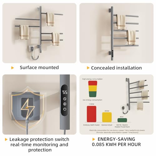 180°Rotation Electric Heated Towel Rack Wall Mounted Towel Warmer Racks 5 Bars Hardwired & Plug-in Hot Towel Rack with 1H-9H Timer for Home Bathroom Salons and Spas (Grey) - color: Grey, size: G63