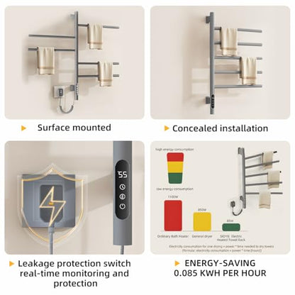 180°Rotation Electric Heated Towel Rack Wall Mounted Towel Warmer Racks 5 Bars Hardwired & Plug-in Hot Towel Rack with 1H-9H Timer for Home Bathroom Salons and Spas (Grey) - color: Grey, size: G63