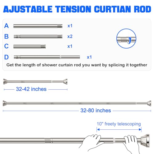 Nickel No-Drill Shower Rod - 32-80 Inches, Anti-Slip Tension Curtain Rod - color: nickel, size: 32-80 inches