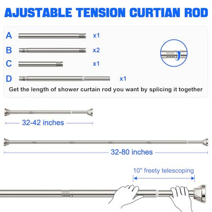 Nickel No-Drill Shower Rod - 32-80 Inches, Anti-Slip Tension Curtain Rod - color: nickel, size: 32-80 inches