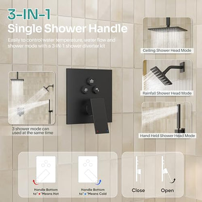 Black Shower System, Matte Black Shower Faucet Set with 3 In 1 Push Button Shower Diverter Valve, 10'' Ceiling Shower Head and 6'' Wall Mounted Shower Head, Black Rain Shower Head with Handheld Spray - color: Matte Black
