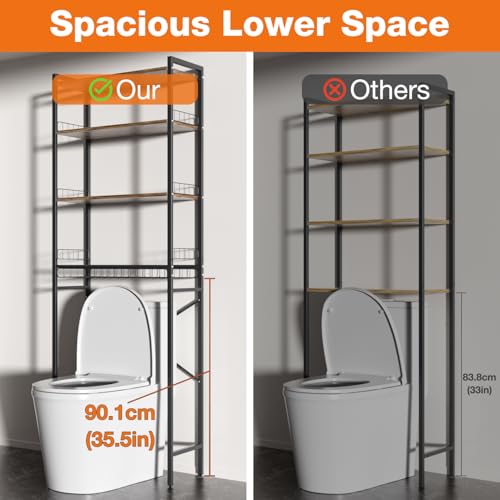 Over The Toilet Storage Rack 4-Tier Freestanding Bathroom Organizer Shelf Over Toilet with Adjustable Shelf & Basket, Space-Saving for Small Spaces, Rustic Brown