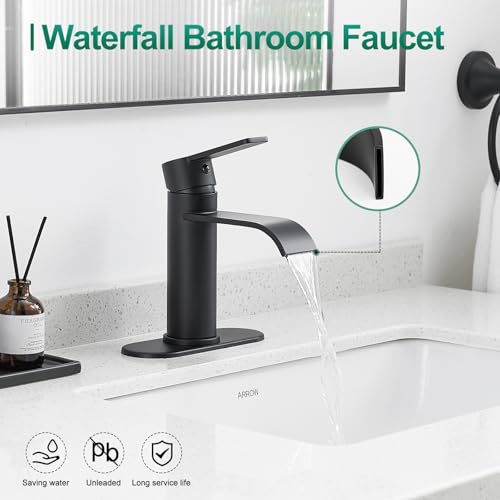 VOTON Bathroom Faucets Matte Black 1 Hole Waterfall with Drain & Deck Plate | Waterfall Spout | Matte Black | Lead-Free SUS 304 | Pop-Up Drain | 1/3 Hole Install | 6 in Deck Plate - color: Black