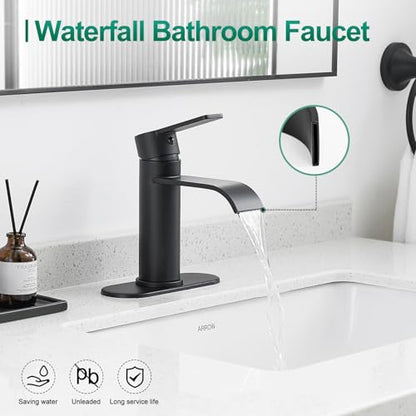VOTON Bathroom Faucets Matte Black 1 Hole Waterfall with Drain & Deck Plate | Waterfall Spout | Matte Black | Lead-Free SUS 304 | Pop-Up Drain | 1/3 Hole Install | 6 in Deck Plate - color: Black