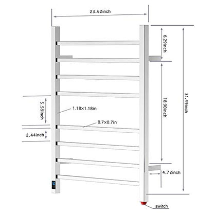 HEATGENE Towel Warmer with Timer and Temperature Control, Electric Towel Warmer with 8 Square Bars, Wall-Mounted Electric Towel Rack with 8 Square Bars, Plug-in/Hardwired Towel Rails - Mirror Polish - color: Mirror Polish