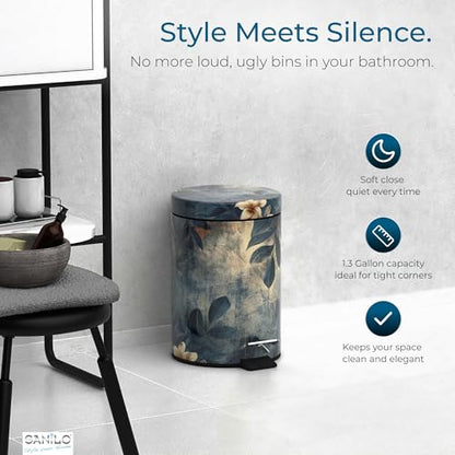 Sanilo Small Bathroom Trash Can with Lid [1.3 Gallon] - Lidded Tiny Trashcan for Garbage - Mini Metal Bin with Soft Closing Mechanism - Bath Room Accessoire Wastebin with Inner Bucket (Lilybud) - color: Lilybud