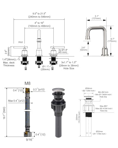 WOWOW Brushed Nickel Bathroom Faucet 3 Hole, Widespread Vanity Sink Faucets | Copper Inlet Faucet for Bathroom Sink with Swivel Spout, 2 Handles Lavatory Tap with Drain and cUPC Supply Line (Set of 2) - color: Brushed Nickel x 2, style: Upgrade-8 Inch
