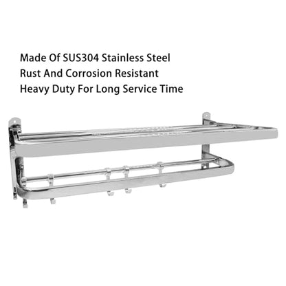 Foldable Towel Rack,Towel Hanger Towel Shelf with Double Towel Bars and Movable Hooks for Bathroom Lavatory,TTZEZE SUS304 Rustproof Modern Brushed Finish Towel Holder Wall Mount Silver (68cm/26.77'') - size: 68cm/26.77''