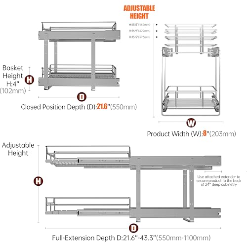 2-Tier Narrow Cabinet Pull Out Shelves, 8" W x 22" D, Chrome | Heavy-Gauge Wire Sliding Shelves, 100 lbs Limit, Ball-Bearing Glides, 3 Heights, Min 9" Opening, For Spices & Under Sink - size: 8 x 22 Inch
