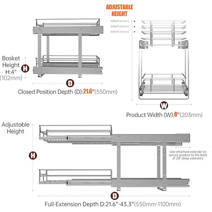 2-Tier Narrow Cabinet Pull Out Shelves, 8" W x 22" D, Chrome | Heavy-Gauge Wire Sliding Shelves, 100 lbs Limit, Ball-Bearing Glides, 3 Heights, Min 9" Opening, For Spices & Under Sink - size: 8 x 22 Inch