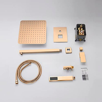 Cascada 12” Square Shower System (Wall Mounted) with Single Handle & square knob, 2 Functions (Rainfall & Handheld) (Rose Gold) - color: Rose Gold