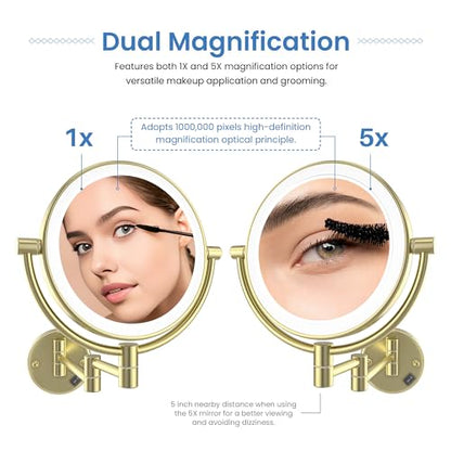 KIBI Circular Wall Mount Makeup Mirror with LED Lights, Dual-Sided 1x/5x Magnifying Mirror with Adjustable Arm, 360° Swivel, Solid Brass Construction for Durability and Style (Brushed Gold, KMM101) - color: Brushed Gold