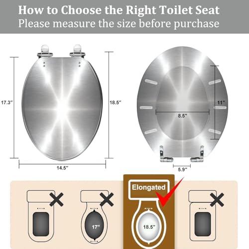 Elongated Toilet Seat Silver Brushed metal Resin Toilet Seat Quietly Close Quick Release Hinges with Cover Bumpers Decorative Easy to Install Clean