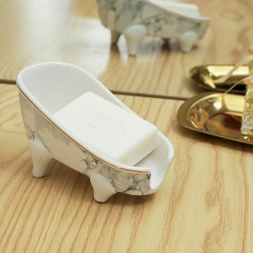 5.5" Self Draining Mini Bathtub Soap Dish, Ceramic Bar Soap Holder with Drain, Marble Pattern Decorative Soap Saver for Shower, Bathroom & Kitchen Sink, Keep Soap Dry, Easy to Clean